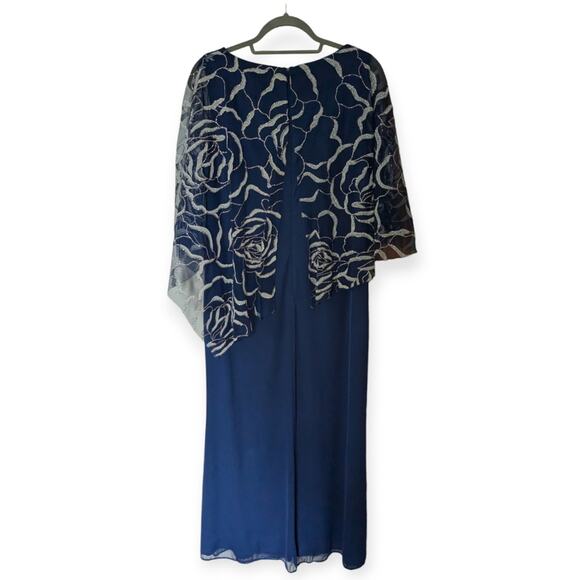 SLNY Design Women's V-Neck Glitter Mesh Gown Floral Chiffon Asymmetric Cape 12 - Picture 2 of 8